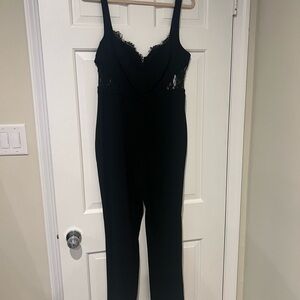 Neiman Marcus Black Lace-Trim V-Neck Sleeveless Jumpsuit